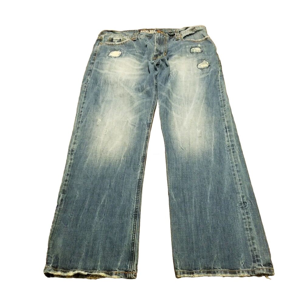 Akoo Jeans Men's Size 38 Blue Distressed Faded Denim 100% Cotton (39x33.5)